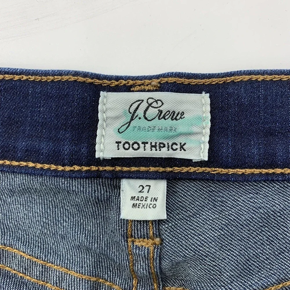 J. Crew Toothpick Jeans Size 27 Skinny Dark Wash Mid Rise Stretch Zip Fly Blue